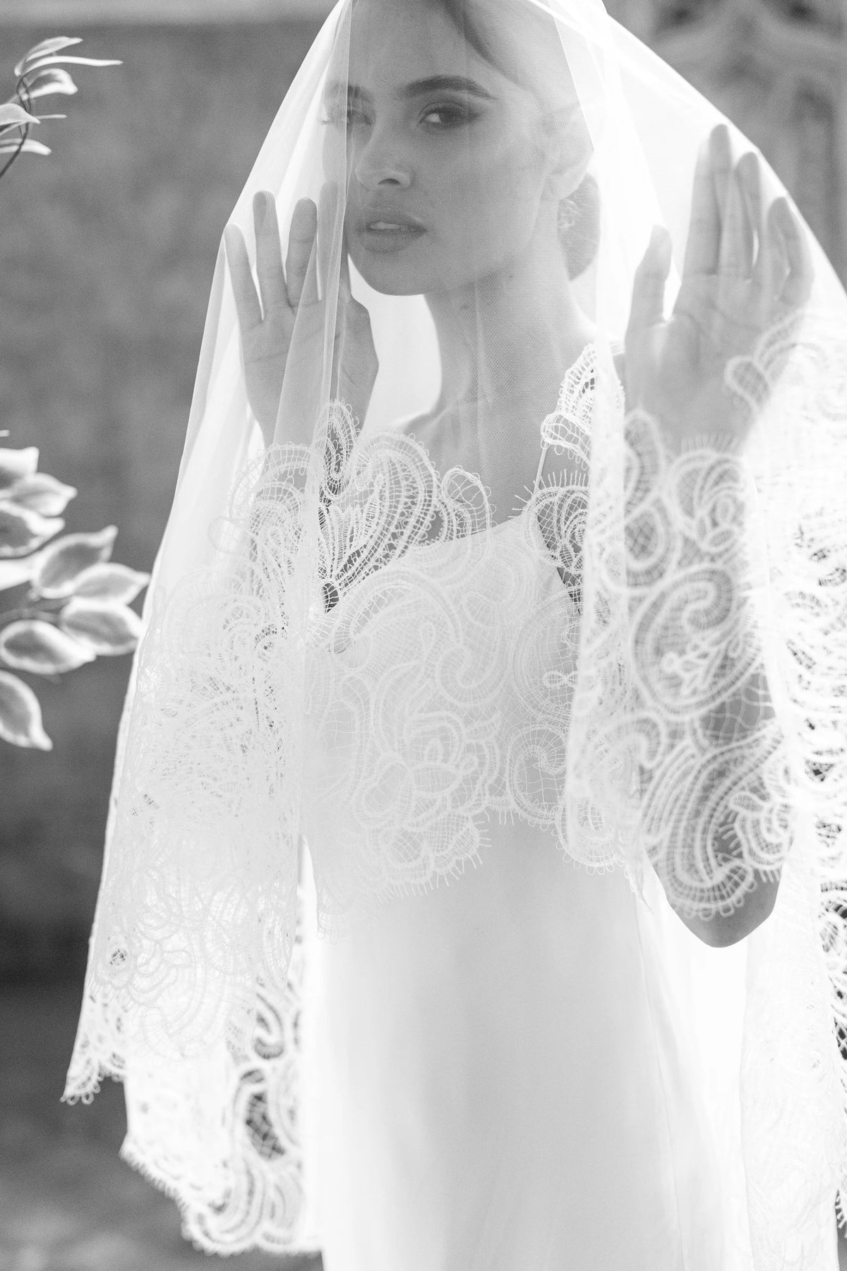 Ambra ivoorkleurige bruidssluier van Hanna Peters × Gibson Bespoke, met handgestikt Italiaans kant, abstract gebogen kantmotief, fijne wimperranden en transparante Italiaanse tule.